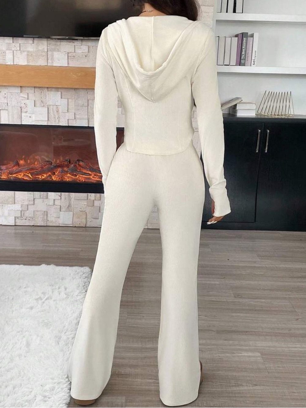 Ribbed Hooded Zip Jacket & Flare Pants Set - Cream - Picture 3 of 3